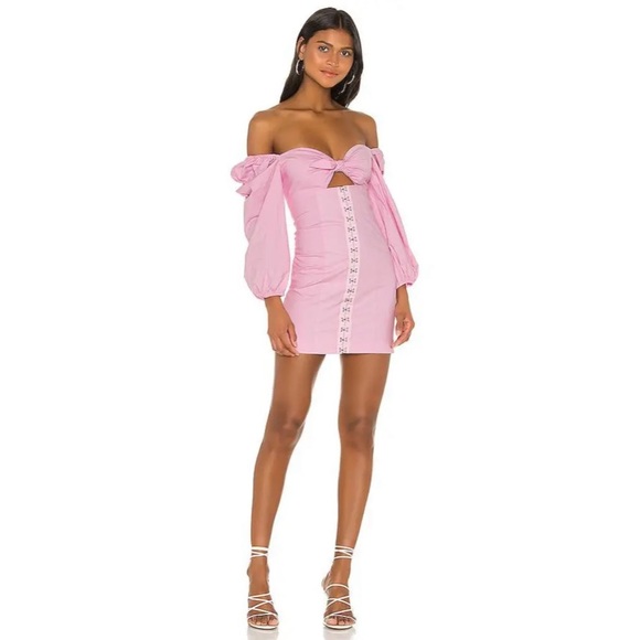 Revolve Majorelle Pink Puff Sleeve Off Shoulder Bodycon Mini Dress L - Picture 1 of 12